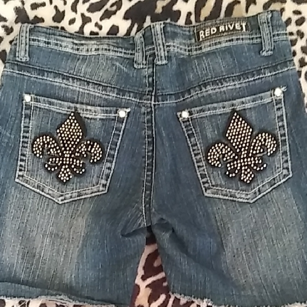 EUC Red Rivet Blue Jean Shorts Distressed Cut-Off Style